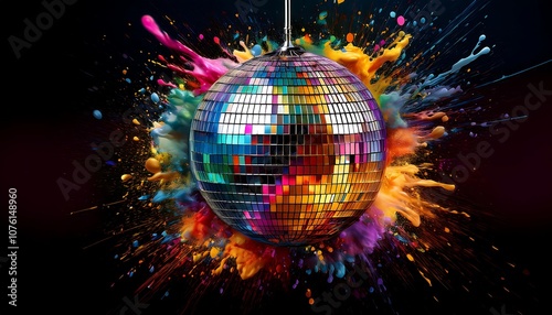 A disco mirror ball reflects colorful lighting
