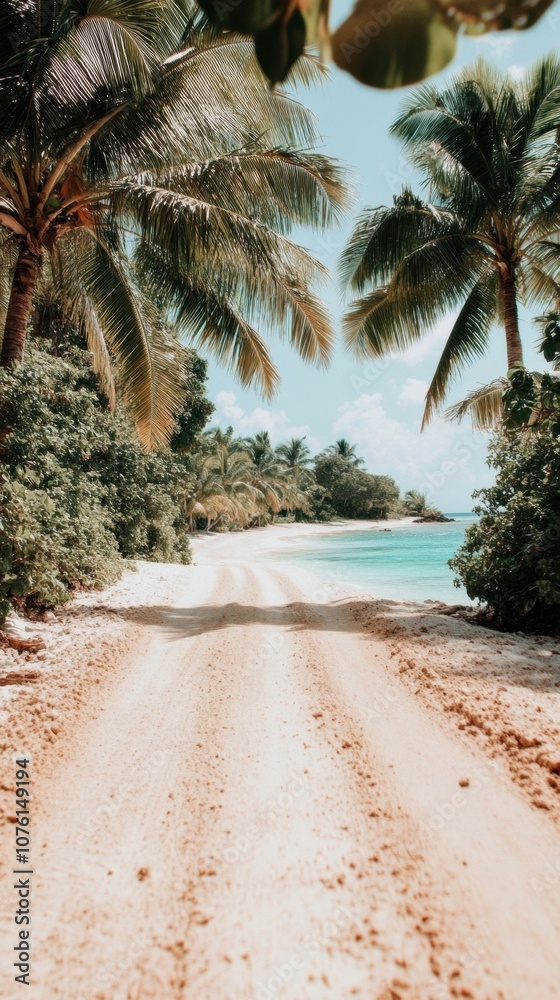 Fototapeta premium Tropical paradise with palm-lined sandy path leading to turquoise waters, AI