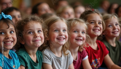 Engaged children watching a puppet show with wide smiles and bright eyes during a delightful Children’s Day gathering.