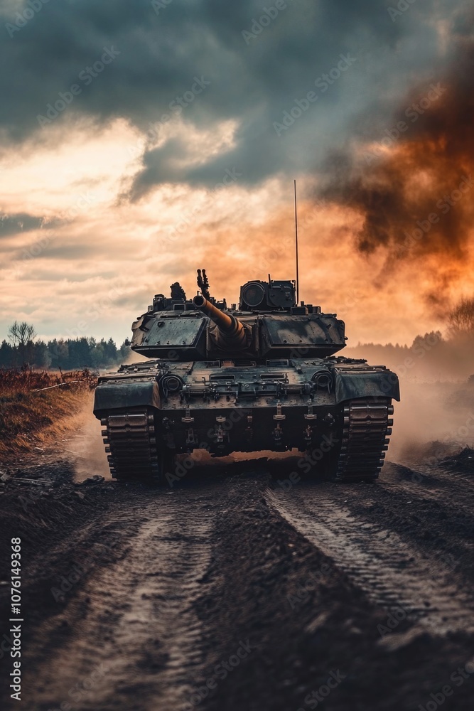 Military tank on dirt road Military tank on dirt road