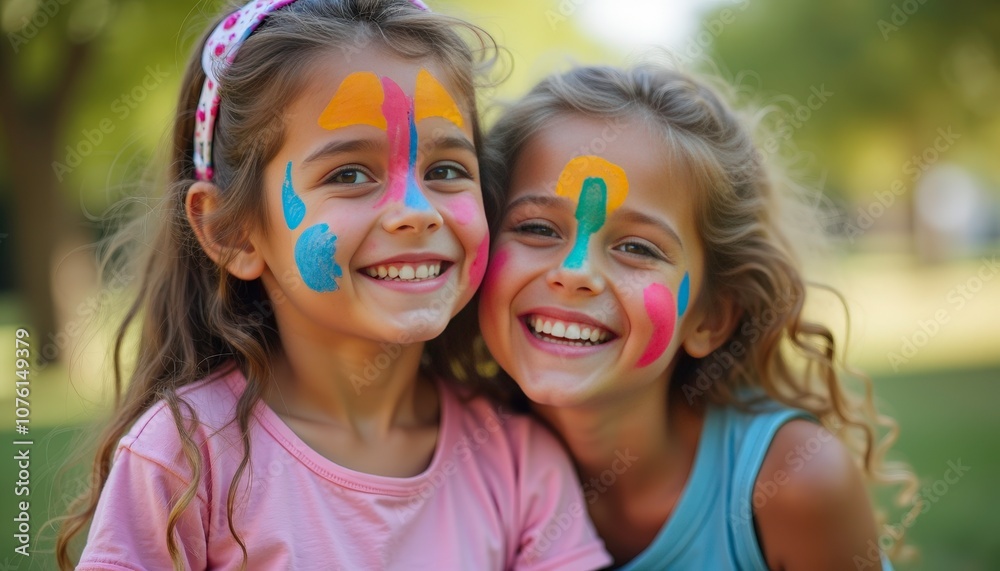Friends joyfully painting their faces with bright colors and patterns to celebrate Children’s Day together. Friends joyfully painting their faces with bright colors and patterns to celebrate Children’s Day together.