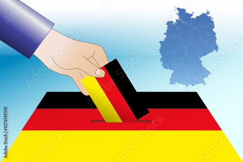 Germany elections, ballot box with german flag colors, hand inserts ballot paper, vector illustration