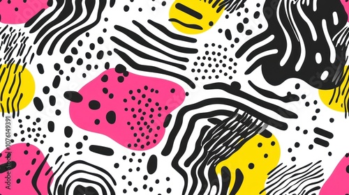 Abstract seamless pattern with black, pink, yellow, and white abstract shapes on a white background.