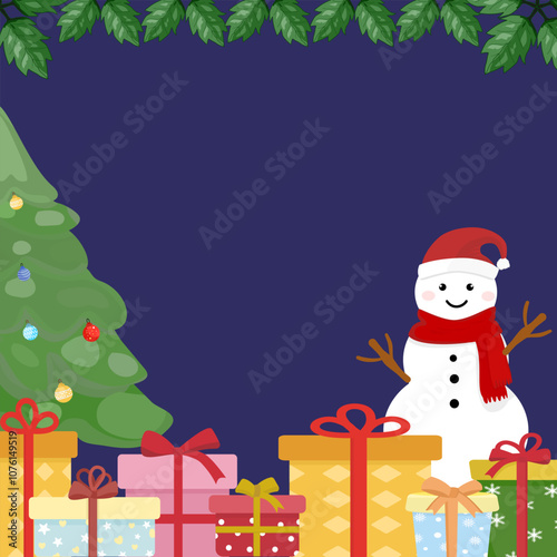 Christmas tree card, Christmas card, snow man, illustration, on navybule background