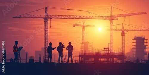 Silhouettes of construction workers on a building site with multiple cranes in the background at sunset.