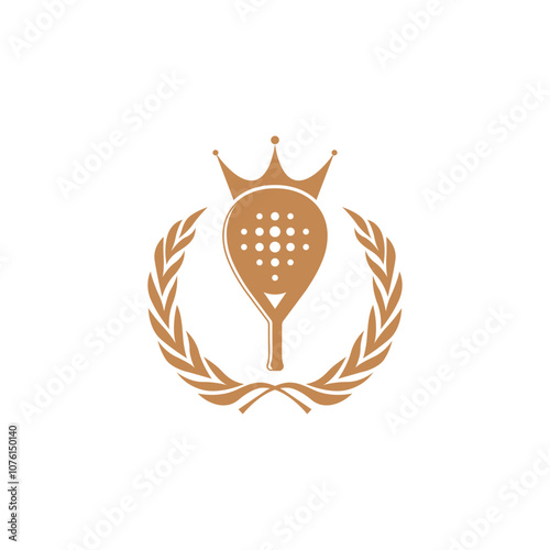 Professional padel logo with crowned racket and laurel leaves, symbolizing prestige and victory. This minimalist design in gold is ideal for tournaments or exclusive padel clubs.