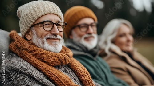 Elderly Friends Enjoying a Cozy Gathering in Nature, Sharing Stories and Laughter Under the Sky. Winter Festival Concept photo