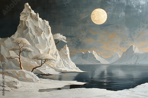 Tranquil Snowy Forest Lake Under Warm Winter Moonlight
