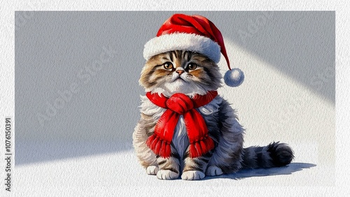 Christmas-Themed Persian Cat in Santa Hat and Cozy Scarf - Minimalist Watercolor Illustration– Perfect for Holiday gifts Cards .Generated with AI