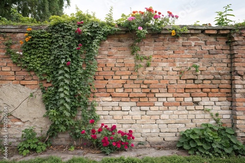 Vintage brick wall with vines and flowers, scenery, outdoor, garden photo