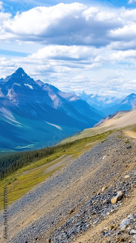 Majestic mountain range under a vibrant blue sky with scattered clouds, AI