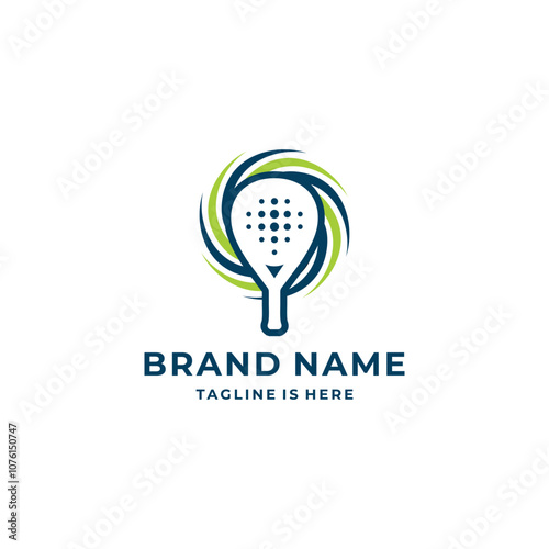Modern padel logo with a hollow racket design and dynamic green-blue spiral elements, symbolizing movement and energy.