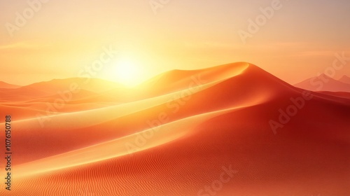 A panoramic view of a vast desert landscape with rolling sand dunes under a fiery sunset. The sun is a bright orange orb in the sky, casting a warm glow on the dunes.