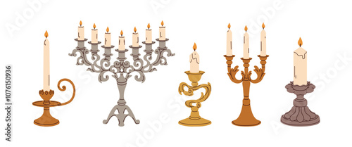 Vintage candelabra with multiple candleholders. Retro ornate candelabrum set. Brass, gold candlesticks with pillar candles. Antique decoration. Flat vector illustration isolated on white background