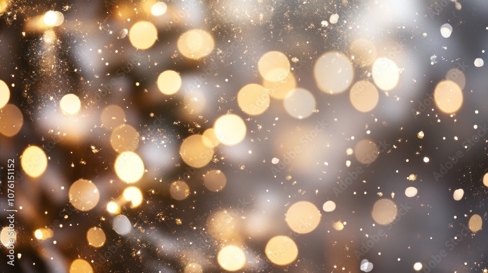 An enchanting bokeh background with golden and silver lights, reminiscent of falling snowflakes An enchanting bokeh background with golden and silver lights, reminiscent of falling snowflakes