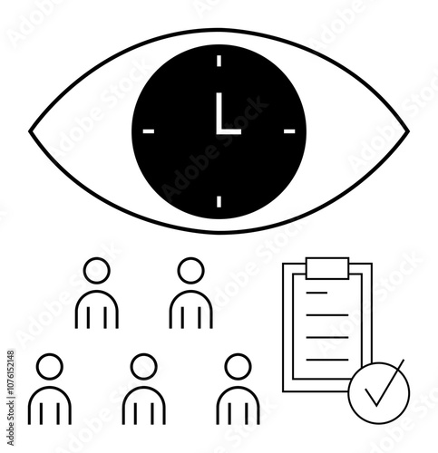 Eye featuring a clock group of people icons, checklist with checkmark. Ideal for themes thumbs up time management, productivity, organization, planning, teamwork, efficiency, and deadlines. Line