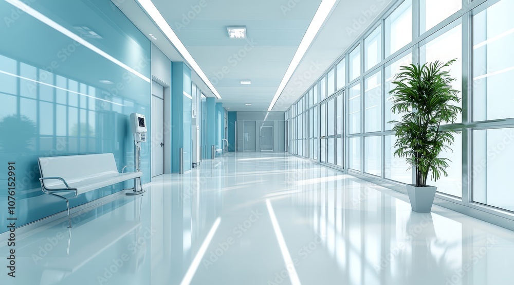 A sterile and modern hospital corridor with bright blue walls, white floors, large windows, a single bench and a potted plant. A sterile and modern hospital corridor with bright blue walls, white floors, large windows, a single bench and a potted plant.