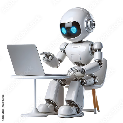 White Robot Sitting at a Desk, Pointing at a Laptop