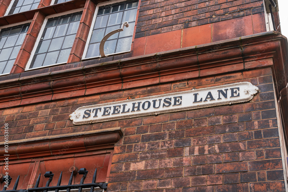 Obraz premium UK street sign of Steelhouse Lane, a well known street in Birmingham City Centre in the UK against an aged brick wall