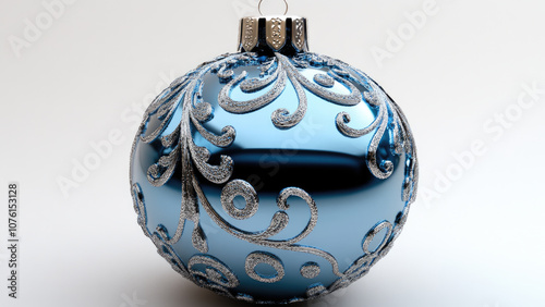 Close-Up of a Decorative Blue Christmas Bauble with Silver Swirl Design photo