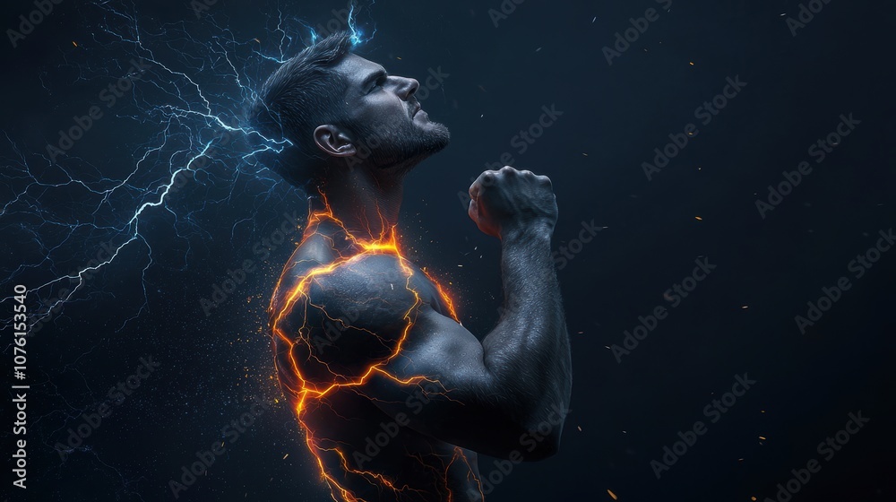 A muscular superhero with a lightning bolt emblem on his chest, standing triumphantly with his fists raised as lightning crackles around him. A muscular superhero with a lightning bolt emblem on his chest, standing triumphantly with his fists raised as lightning crackles around him.