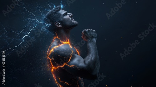 A muscular superhero with a lightning bolt emblem on his chest, standing triumphantly with his fists raised as lightning crackles around him.