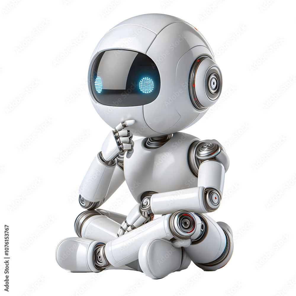 White Robot Sitting and Thinking