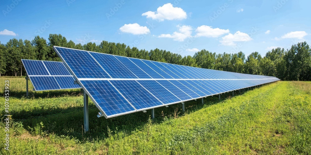 Modern Solar Farm with Sleek Architecture Showcasing Long Rows of Solar Panels Under a Clear Blue Sky Modern Solar Farm with Sleek Architecture Showcasing Long Rows of Solar Panels Under a Clear Blue Sky