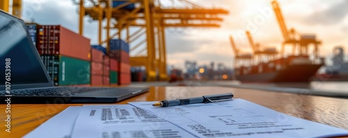 High-resolution image of trade policy forms with economy symbols, market compliance, export-import paperwork, tax documentation concept