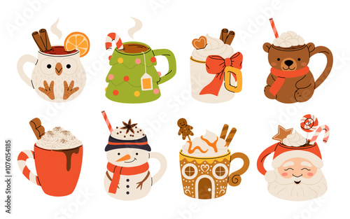 Christmas chocolate and eggnog drinks, winter holiday hot cups, vector icons. Christmas eggnog or milk punch beverages in cups and mugs, hot chocolate drinks for New Year and Xmas greeting card