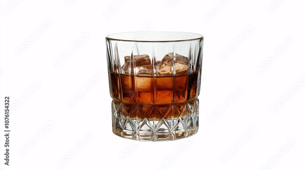 A Close-Up View of a Classic Whiskey Glass Filled with Ice Cubes on a Bright White Background, Perfect for Beverage and Drink Concepts A Close-Up View of a Classic Whiskey Glass Filled with Ice Cubes on a Bright White Background, Perfect for Beverage and Drink Concepts