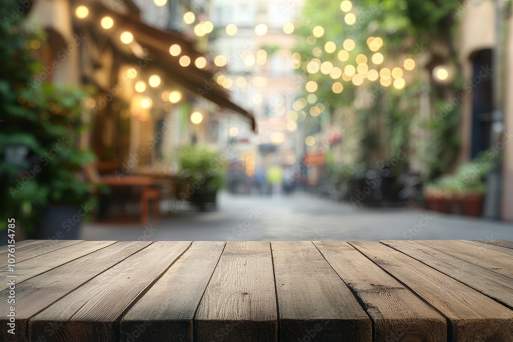 Empty wooden tabletop with blurred background of a bustling street with string lights and greenery. Empty wooden tabletop with blurred background of a bustling street with string lights and greenery.