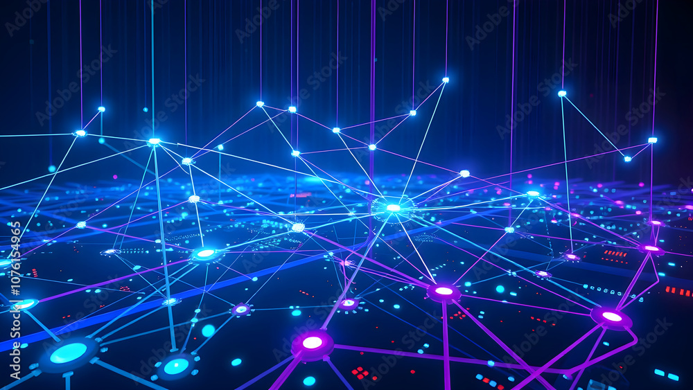 Fototapeta premium Illuminated network of interconnected nodes with a glowing effect, representing data and connectivity.