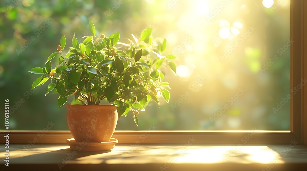 Morning light casting a sun-kissed glow on a windowsill with a potted plant, the rays emphasizing the lush green leaves, subtle reflections and warm tones, hd quality, photorealistic, Morning light casting a sun-kissed glow on a windowsill with a potted plant, the rays emphasizing the lush green leaves, subtle reflections and warm tones, hd quality, photorealistic,