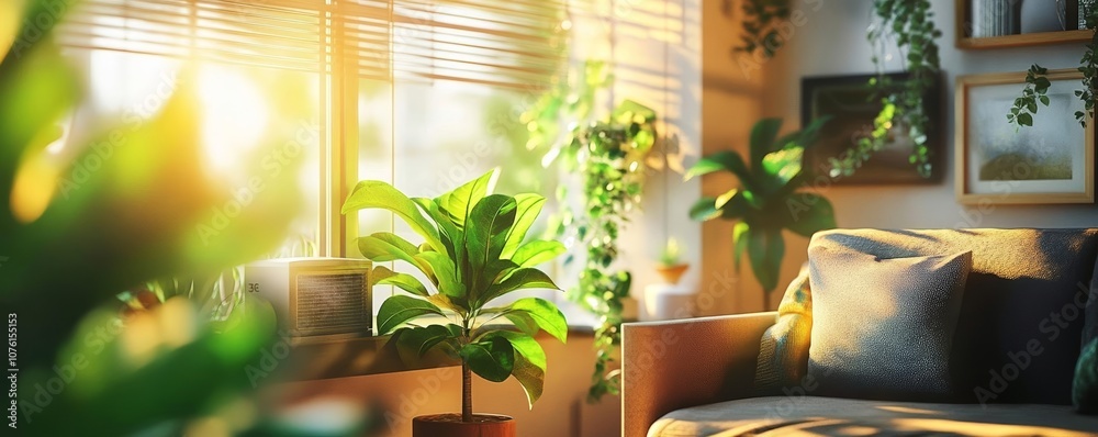 Fototapeta premium Cozy interior with AC system and vibrant leaves, representing clean, natural indoor air quality