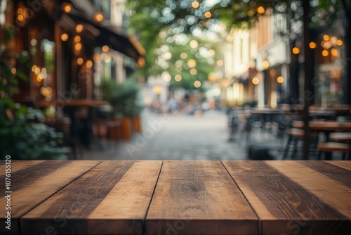 Fototapeta Naklejka Na Ścianę i Meble -  Wooden table top with blurry background of cafe and street lights in city.