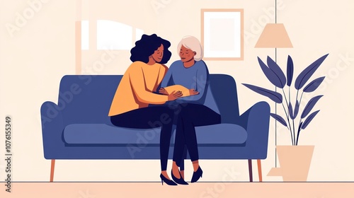Two women sharing a warm moment on a couch, conveying connection and support.
