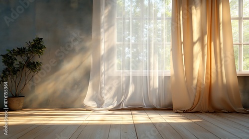 Morning light gently diffused through semi-sheer curtains, creating soft patterns on the nearby wall and floor, warm, inviting scene, photorealistic, hd quality, calming and peaceful,