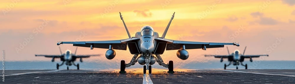 Fototapeta premium Lone fighter jet leads formation on runway at sunset, capturing intense military readiness and aviation strength