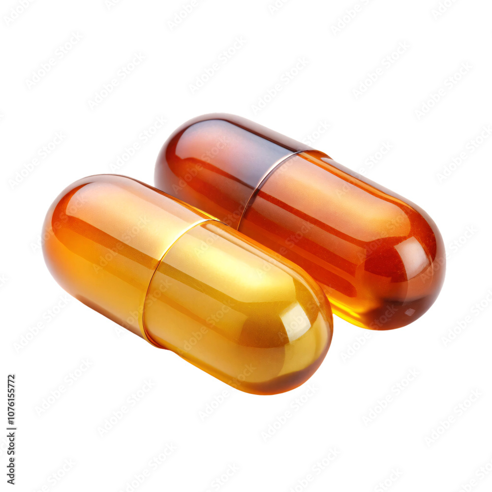 A pair of capsules with a gradient of amber to dark red, glossy and translucent, highlighting their rich, liquid-filled interior, set against a transparent background
