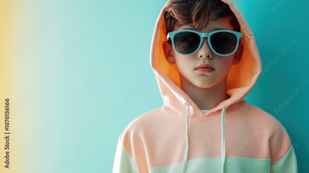A boy wearing a hoodie and sunglasses is standing in front of a blue wall A boy wearing a hoodie and sunglasses is standing in front of a blue wall