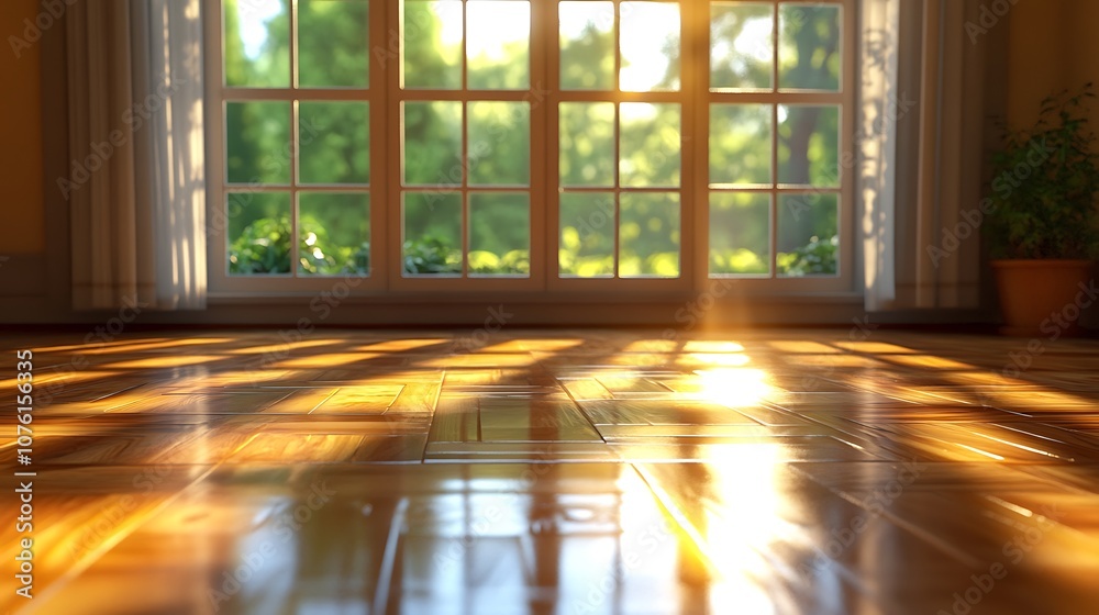 Morning sunlight casting a warm glow and reflection on a shiny wooden floor, soft shadows forming intricate patterns from nearby window panes, calm and peaceful scene, hd quality, photorealistic, Morning sunlight casting a warm glow and reflection on a shiny wooden floor, soft shadows forming intricate patterns from nearby window panes, calm and peaceful scene, hd quality, photorealistic,