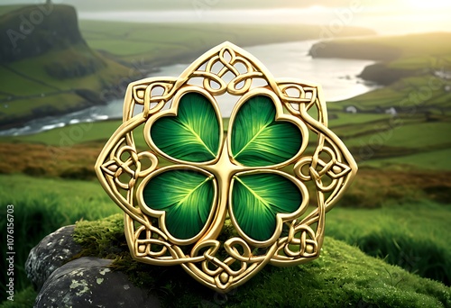 Celtic Knotwork FourLeaf Clover Charm Ireland and distant hills.