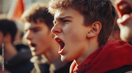 A passionate youth protests, shouting in a crowd, conveying energy and determination for change.