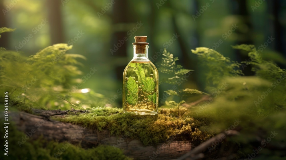 Glass Bottle with Herbal Essence in a Forest Setting Glass Bottle with Herbal Essence in a Forest Setting