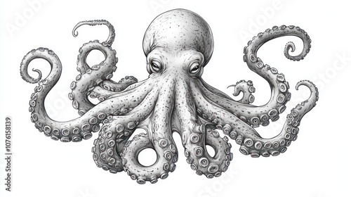 A detailed drawing of a grey octopus with eight tentacles against a white background.