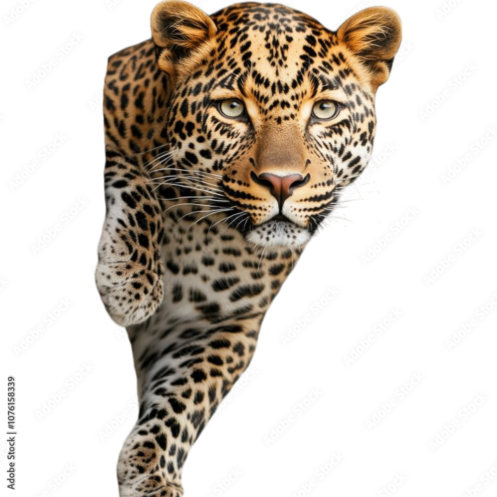 A leopard perched on a tree, displaying its distinctive spotted coat and intense gaze against a plain background. A leopard perched on a tree, displaying its distinctive spotted coat and intense gaze against a plain background.