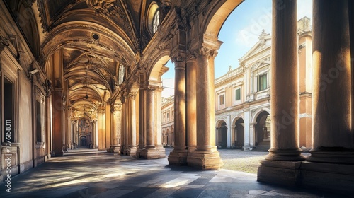 Elegant Architectural Columns in Historic Corridor