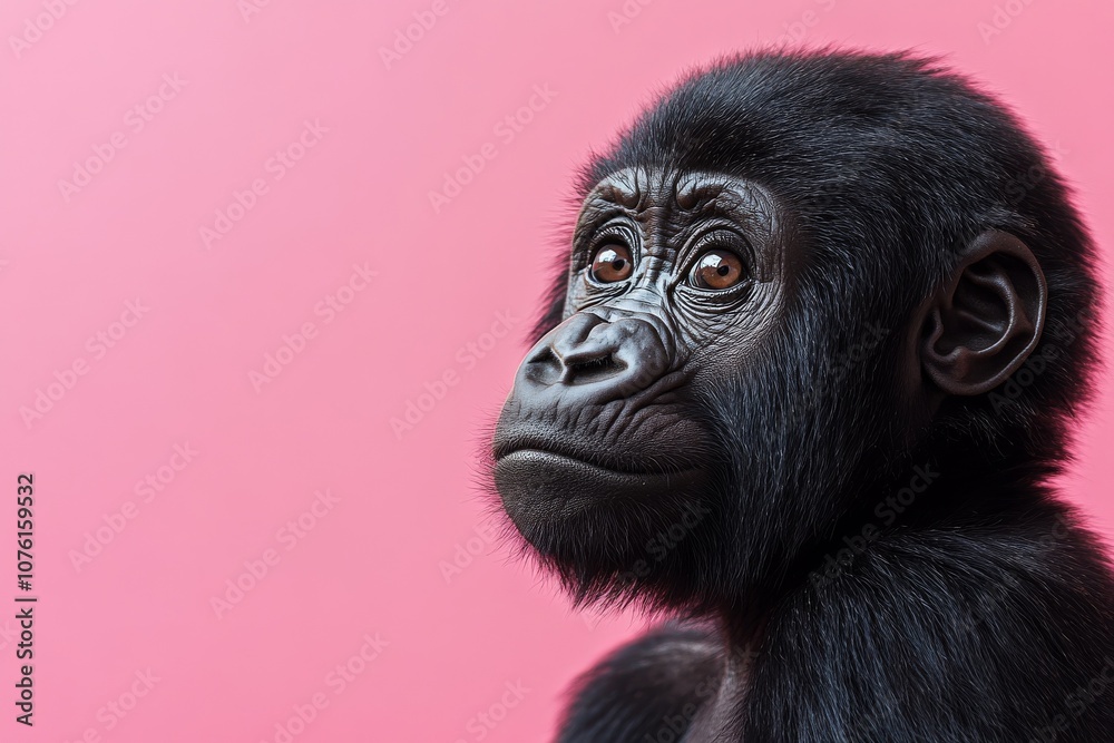 Fototapeta premium Monkey Day. Cute monkey on a pink background. Animal wallpapers. A postcard with a funny mammal.