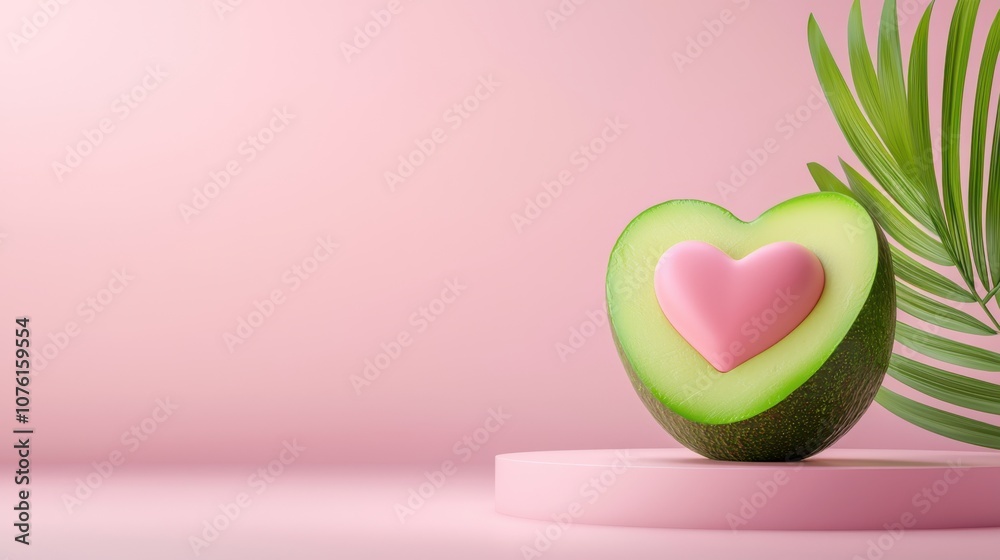 A vibrant avocado half with a pink heart inside, complemented by tropical foliage, set against a soft pink background. A vibrant avocado half with a pink heart inside, complemented by tropical foliage, set against a soft pink background.